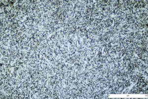 Acero C45U templado y revenido a 650ºC. Ferrita y cementita totalmente globulizada. En este estado el acero posee una gran plasticidad. A este tratamiento se le suele llamar bonificado.
