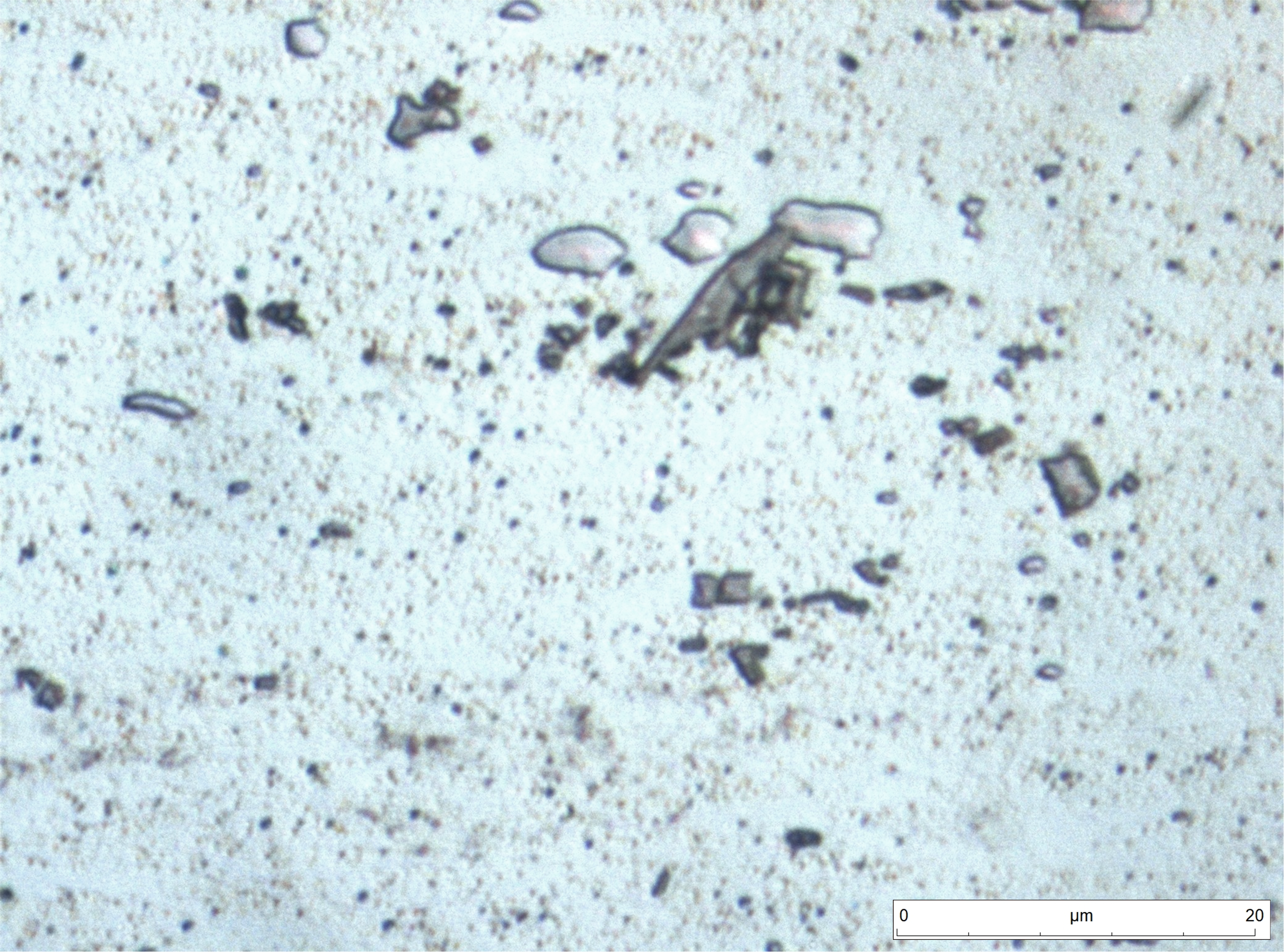 Detalle de las microestructuras anteriores. Las partículas redondeadas de color rosáceo son de primario Al2Cu. Las partículas negras redondeadas: Pb. Las de color gris oscuro probablemente insoluble Al12 (Mn,Fe)3Si. Además, se puede apreciar el compuesto endurecedor principal es Al2Cu como partículas dispersas.