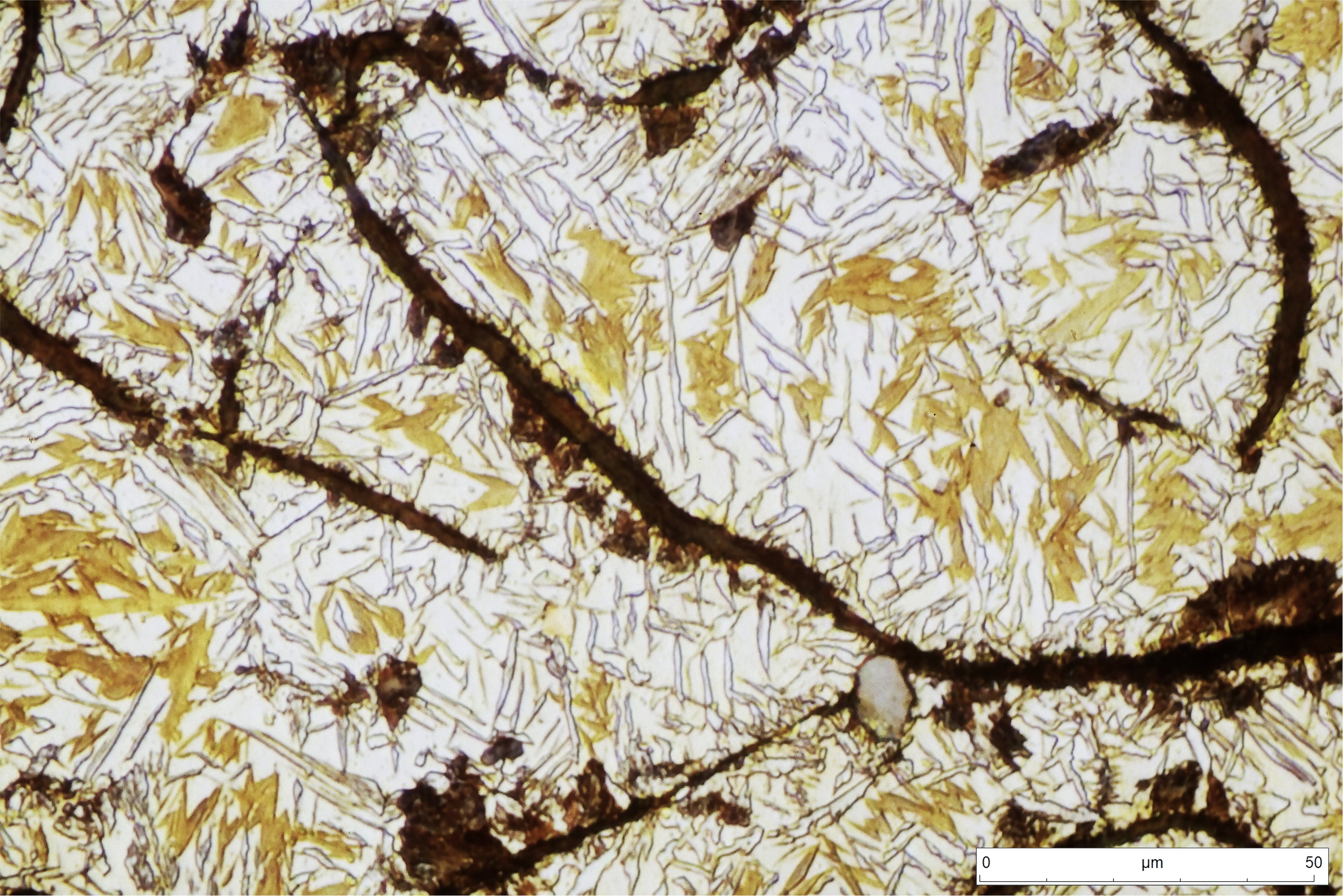 Fundición gris templada. Láminas de grafito (negras), agujas de ferrita bainítica (blanco-grisáceo) rodeadas de austenita (blanca) y martensita (marrón claro). Se aprecian algunos cristales de silicio sin disolver (gris claro).